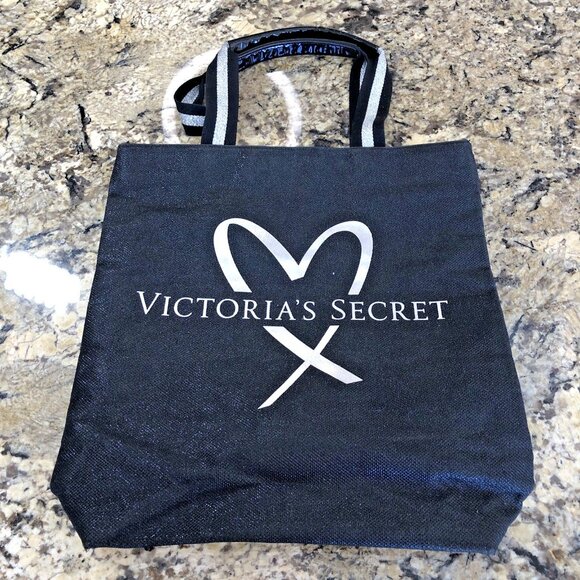 Victoria’s Secret Large Tote Bag Black Silver Heart Logo Handles Shimmery CN - Picture 1 of 16